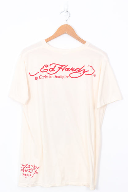 Y2K ED HARDY Skull Red & Cream Christian Audigier Tee (L)