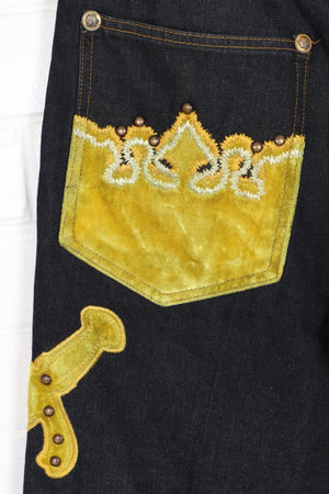 CROWN HOLDER Gold Velvet Daggers Y2K Denim Jorts Shorts (34)