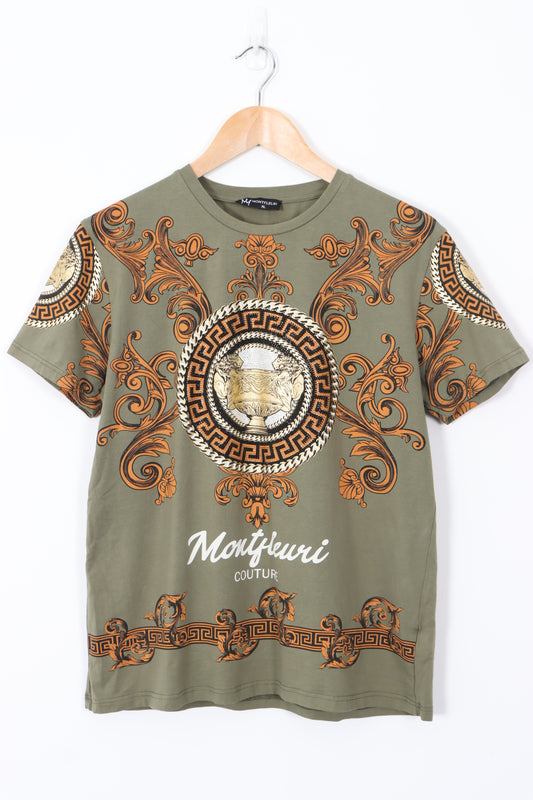 MONTFLEURI Couture Khaki Embellished Y2K Style Graphic T-Shirt (L)