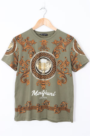 MONTFLEURI Couture Khaki Embellished Y2K Style Graphic T-Shirt (L)