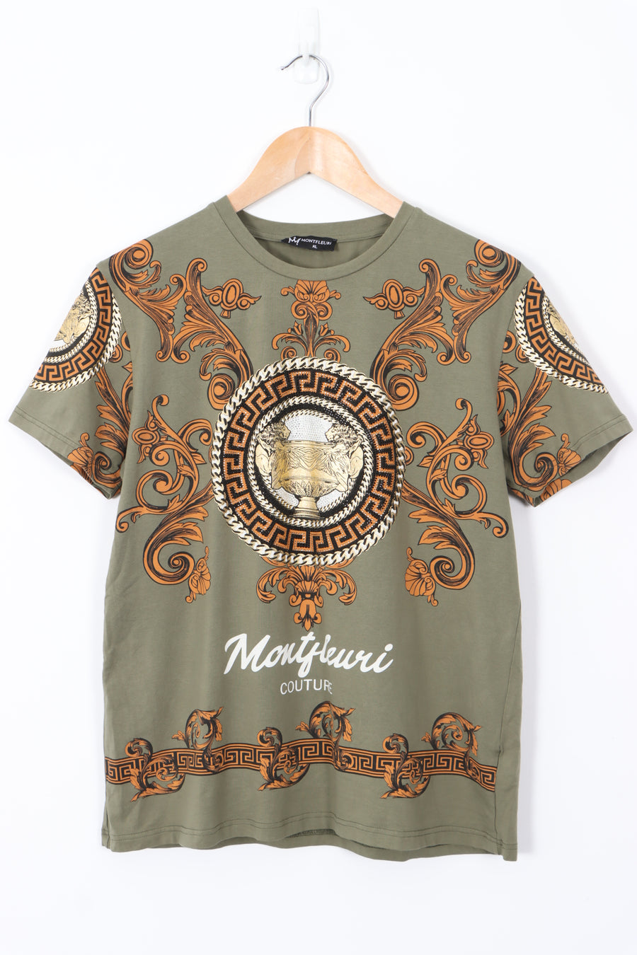 MONTFLEURI Couture Khaki Embellished Y2K Style Graphic T-Shirt (L)