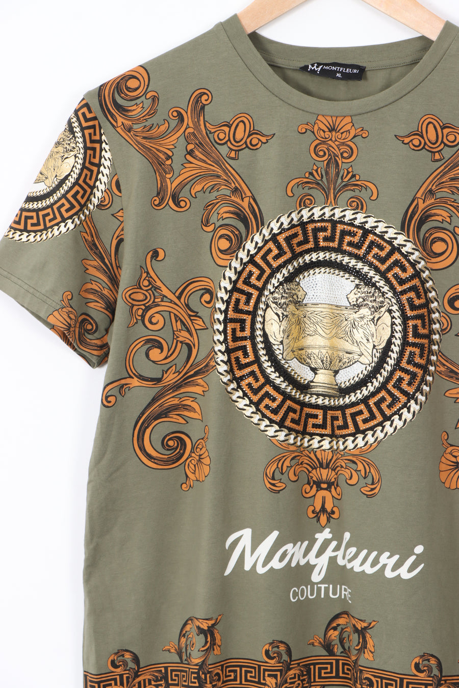 MONTFLEURI Couture Khaki Embellished Y2K Style Graphic T-Shirt (L)
