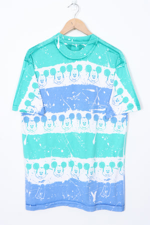 DISNEY Mickey Mouse 90s Green Splatter Stripe All Over Print T-Shirt USA Made (L)