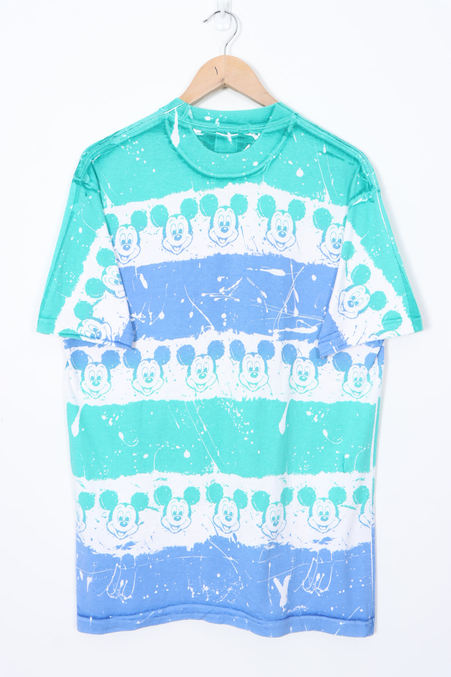 DISNEY Mickey Mouse 90s Green Splatter Stripe All Over Print T-Shirt USA Made (L)