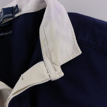 Vintage POLO RALPH LAUREN 'Custom Fit' Navy & Yellow Embroidered Pony Rugby Jumper (XL)