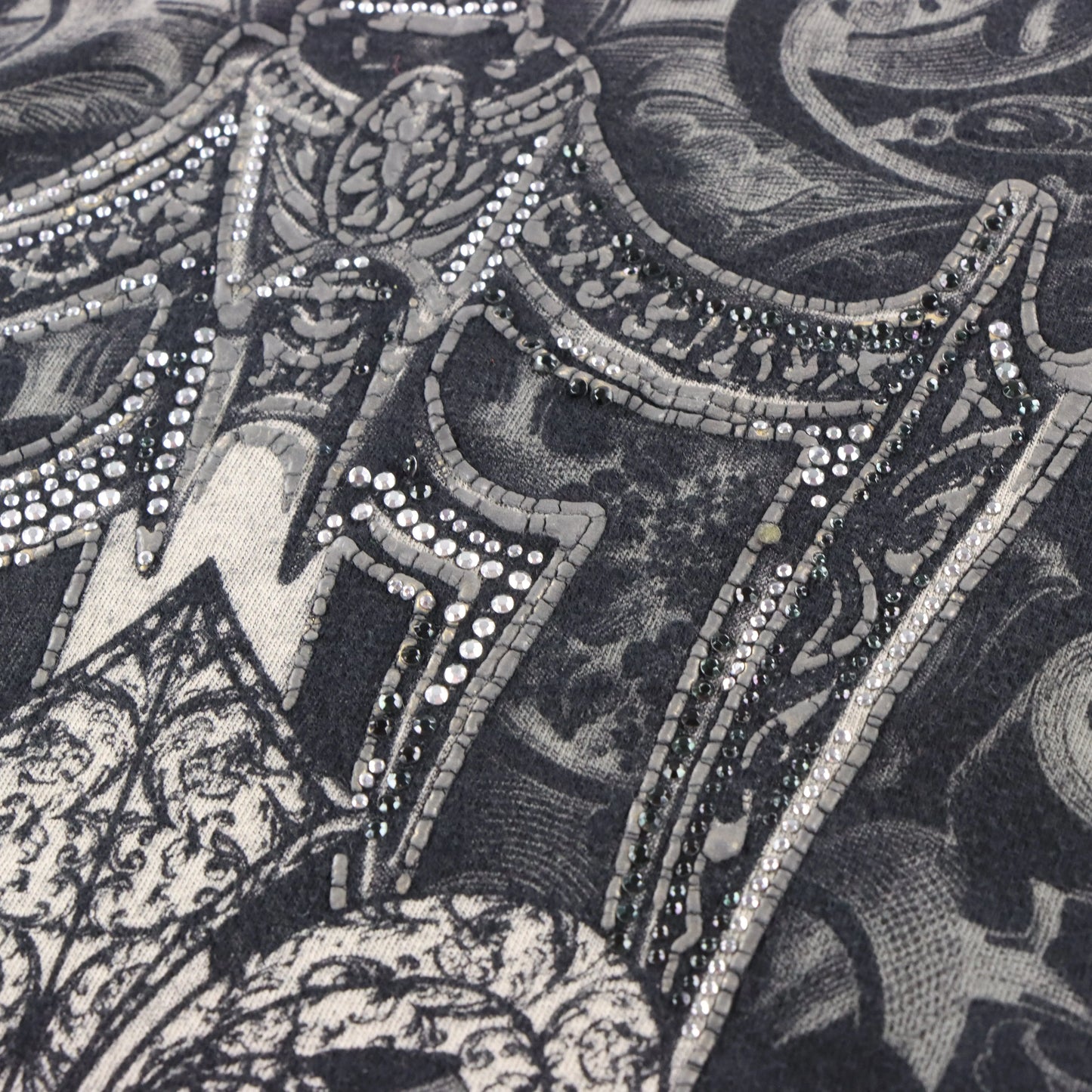 XZAVIER Rhinestone Winged Skulls & Sword All Over Print Black Y2K Tee (L-XL)