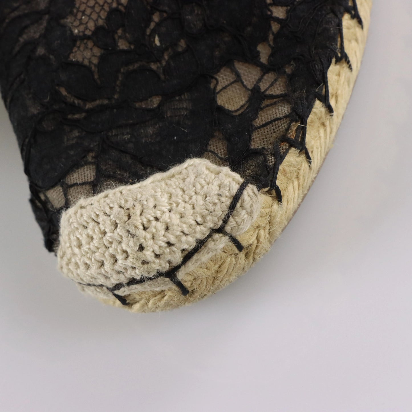 VALENTINO GARAVANI Black Lace & Beige Mesh Ankle Tie Espadrille Flats (38)