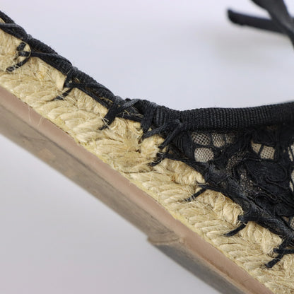 VALENTINO GARAVANI Black Lace & Beige Mesh Ankle Tie Espadrille Flats (38)