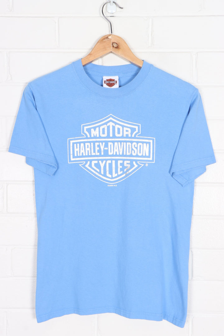 HARLEY DAVIDSON Myrtle Beach Metallic Silver Logo Blue T-Shirt (XS)