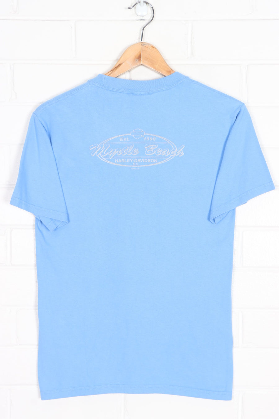 HARLEY DAVIDSON Myrtle Beach Metallic Silver Logo Blue T-Shirt (XS)