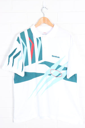REEBOK Green & Blue Abstract Polo Tee (L) - Vintage Sole Melbourne