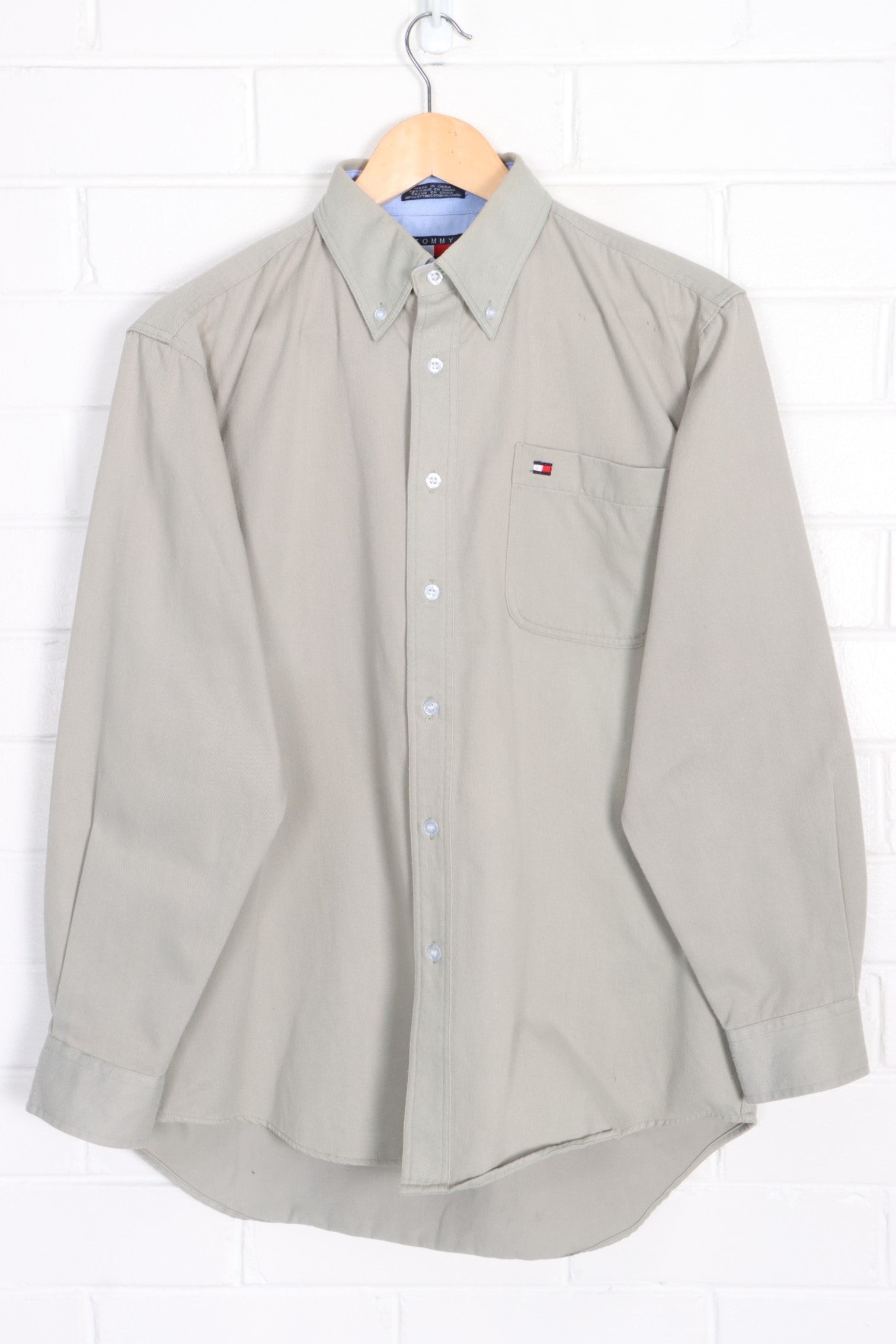 TOMMY HILFIGER Light Khaki Green Button Up Shirt (L) - Vintage Sole Melbourne