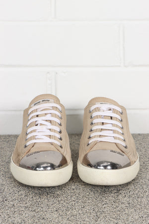 MIU MIU Metal Toe Cap Blush Suede Leather Sneakers (39)