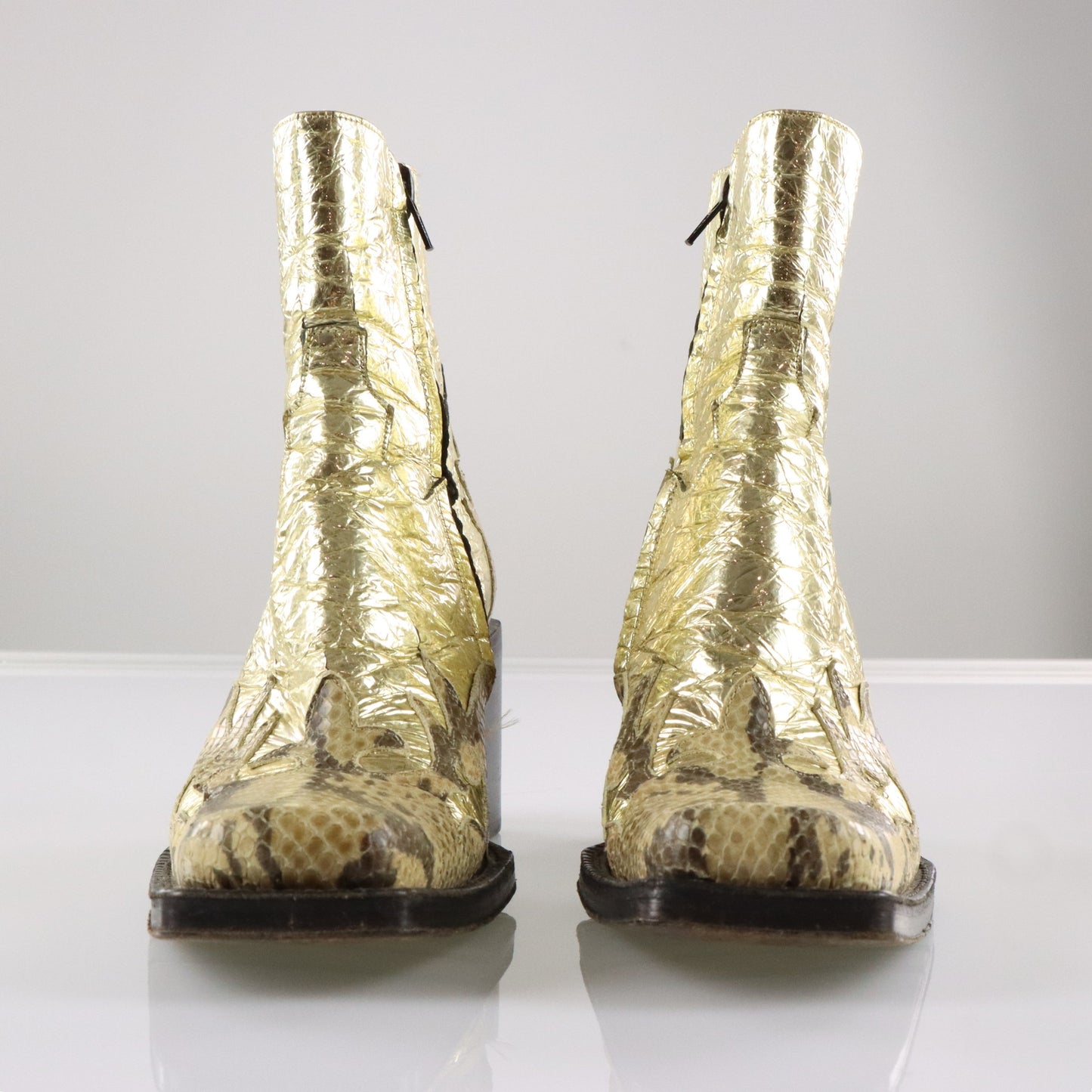 FREE LANCE Gold Foil & Embossed Snake Print Leather Block Heel Cowgirl Boots France Made (38.5) Vintage Sole Melbourne