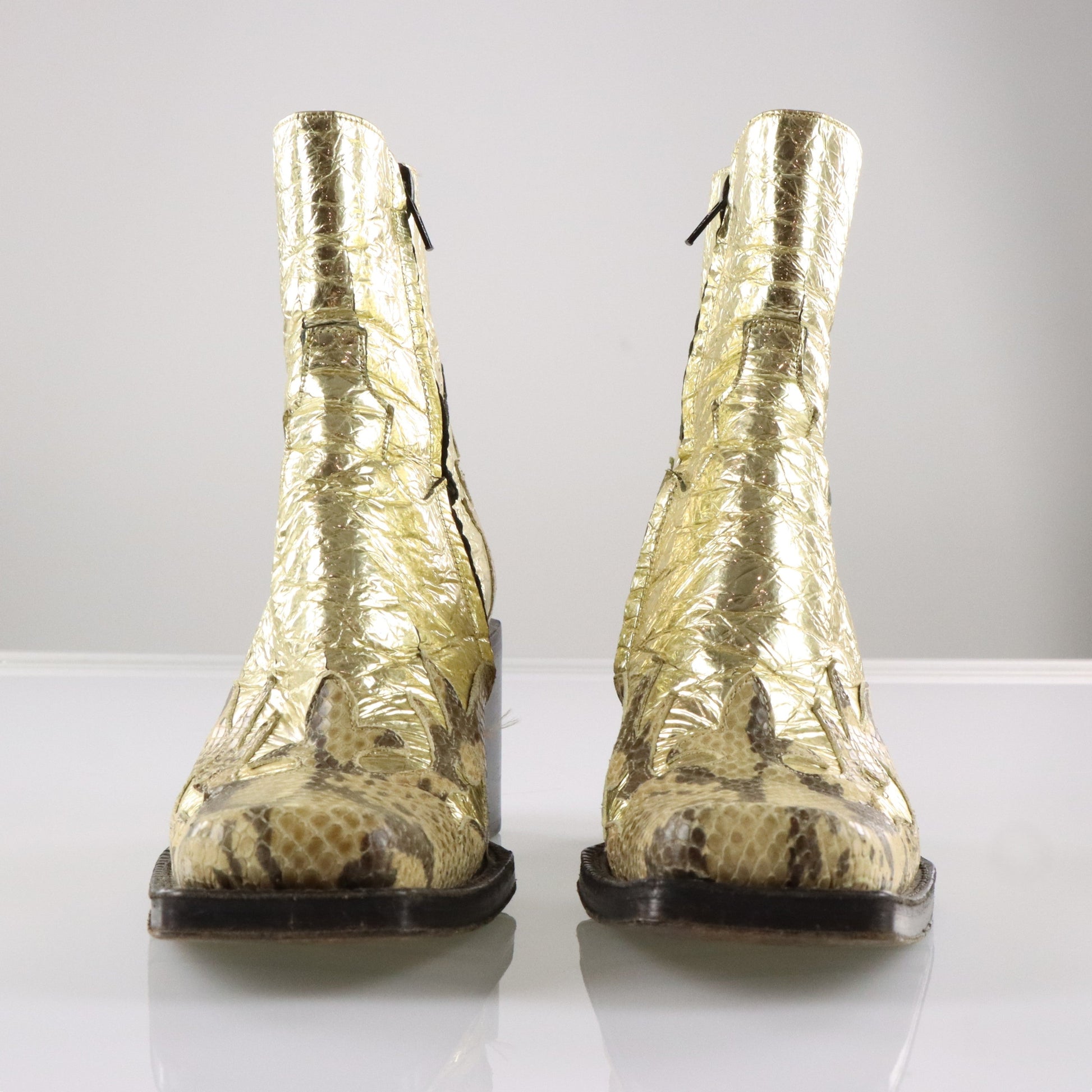 FREE LANCE Gold Foil & Embossed Snake Print Leather Block Heel Cowgirl Boots France Made (38.5) Vintage Sole Melbourne