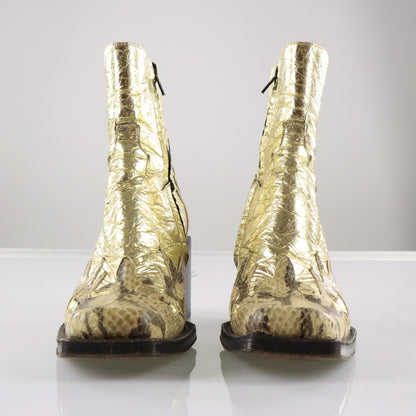 FREE LANCE Gold Foil & Embossed Snake Print Leather Block Heel Cowgirl Boots France Made (38.5) Vintage Sole Melbourne