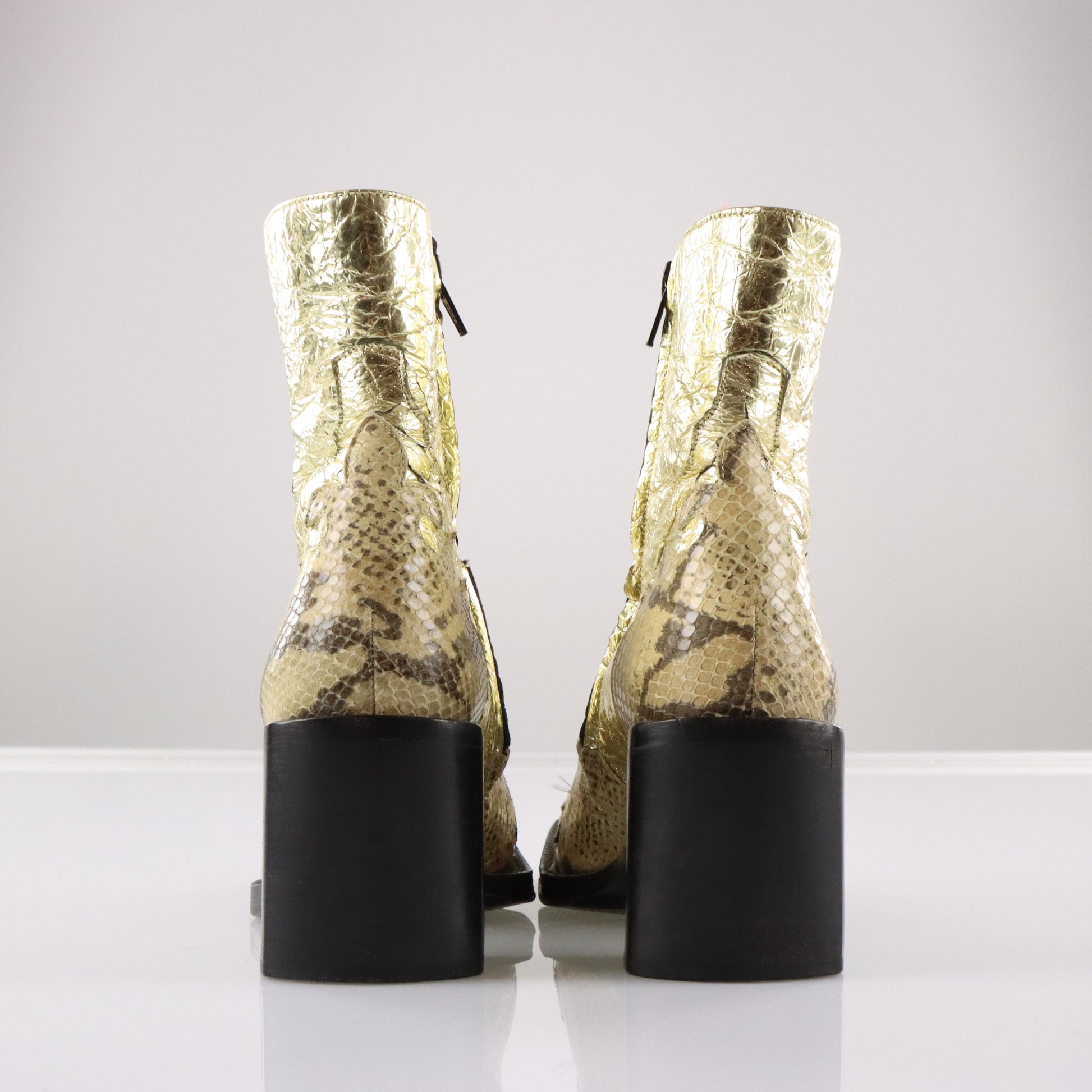 FREE LANCE Gold Foil & Embossed Snake Print Leather Block Heel Cowgirl Boots France Made (38.5) Vintage Sole Melbourne