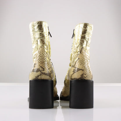 FREE LANCE Gold Foil & Embossed Snake Print Leather Block Heel Cowgirl Boots France Made (38.5) Vintage Sole Melbourne