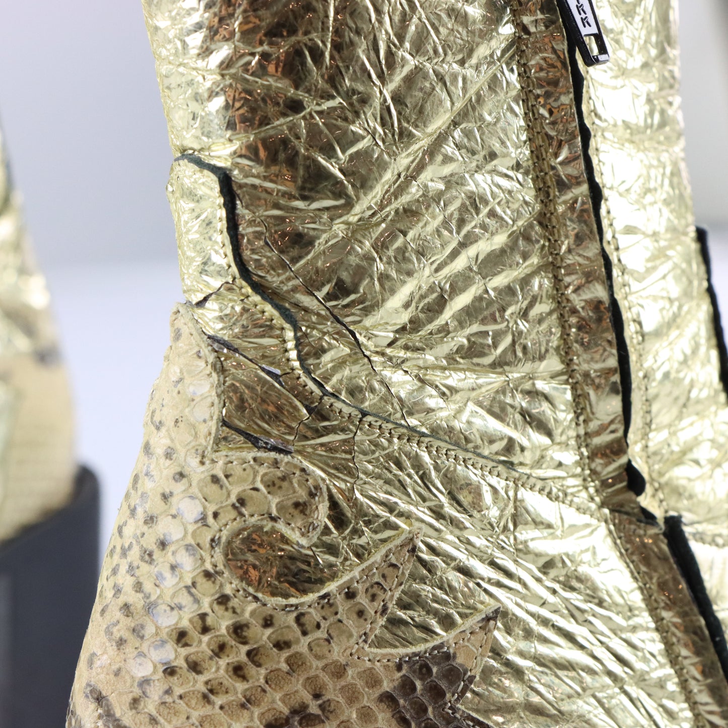 FREE LANCE Gold Foil & Embossed Snake Print Leather Block Heel Cowgirl Boots France Made (38.5) Vintage Sole Melbourne