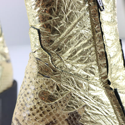 FREE LANCE Gold Foil & Embossed Snake Print Leather Block Heel Cowgirl Boots France Made (38.5) Vintage Sole Melbourne