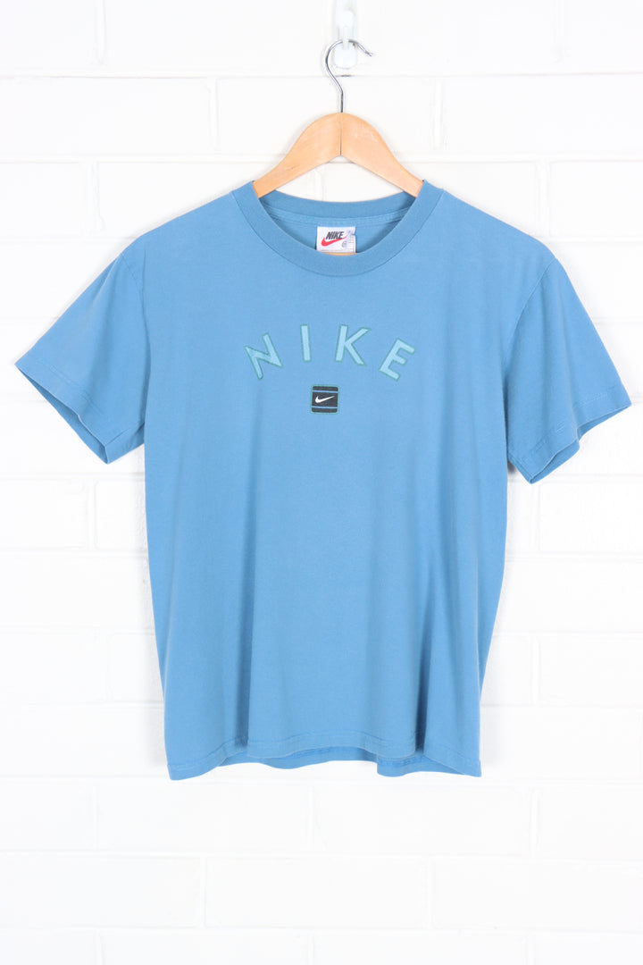 NIKE Blue Swoosh Spell Out T-Shirt USA Made (Women's S-M)