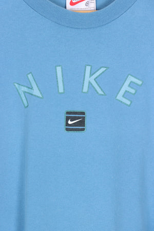 NIKE Blue Swoosh Spell Out T-Shirt (Women's S-M)