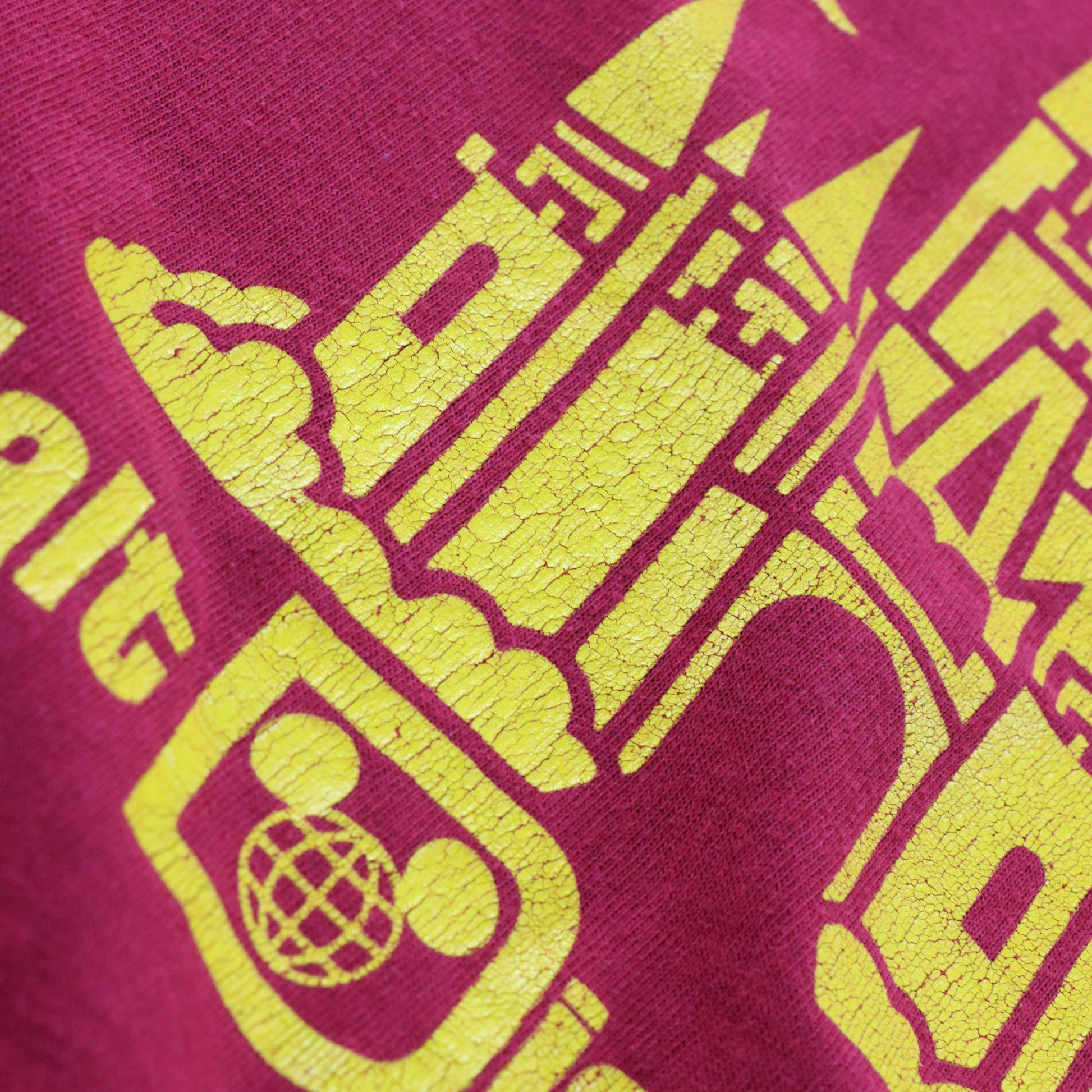 Vintage DISNEY Maroon & Yellow 'Walt Disney World' Single Stitch Tee USA Made (XL) Vintage Sole Melbourne