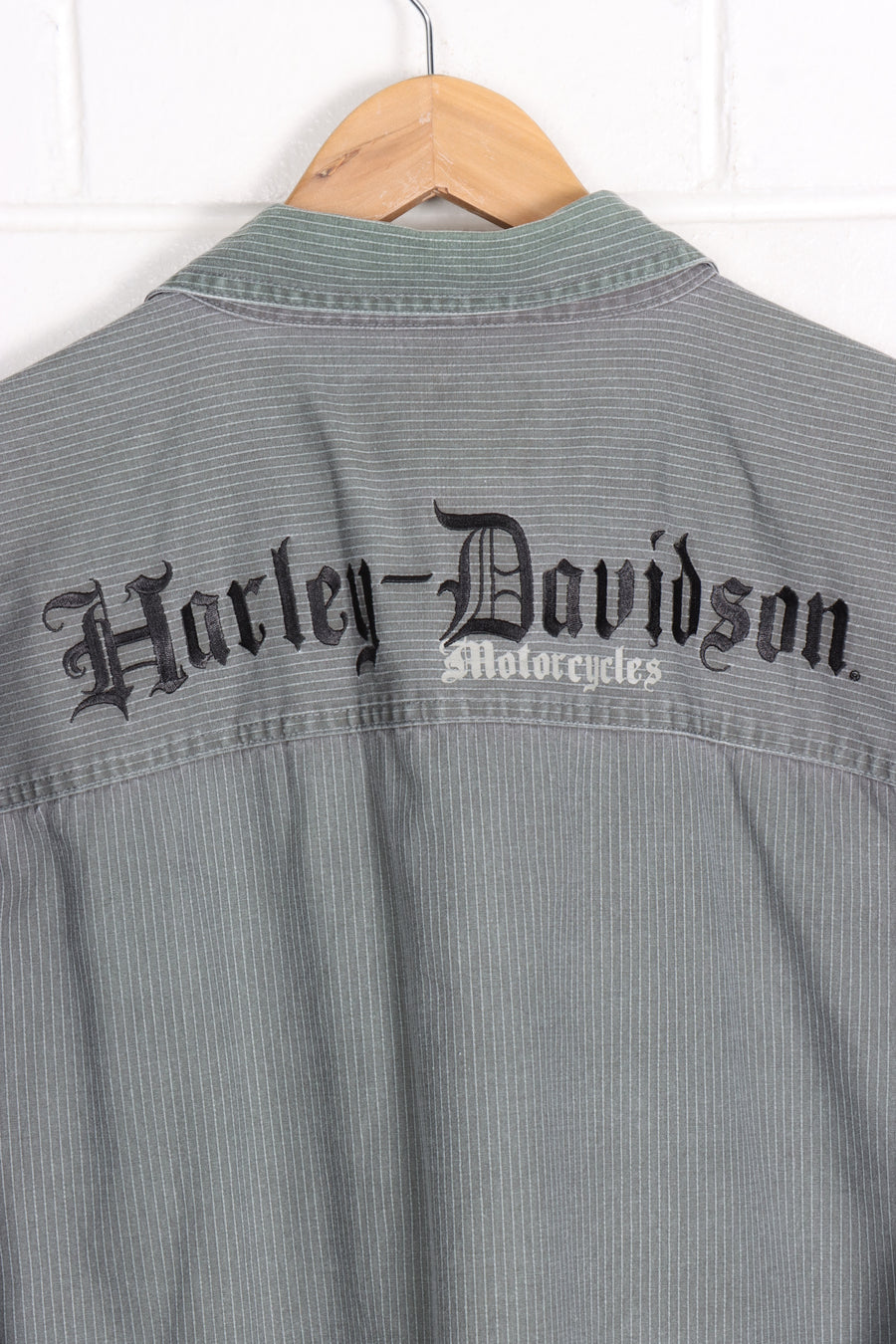 HARLEY DAVIDSON Embroidered Snap Button Green Striped Shirt (XL)