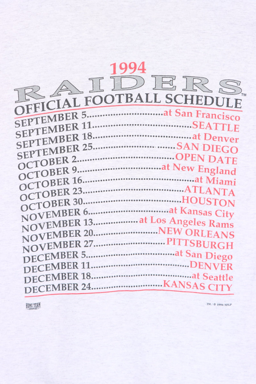 Las Vegas Raiders 1994 NFL Schedule Front Back Single Stitch T-Shirt (S) - Vintage Sole Melbourne