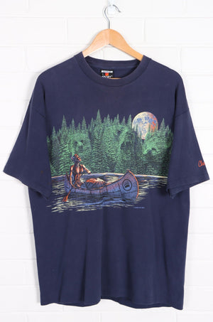 HABITAT 1992 Native American Moon Canoe Front Back Single Stitch T-Shirt (L) - Vintage Sole Melbourne