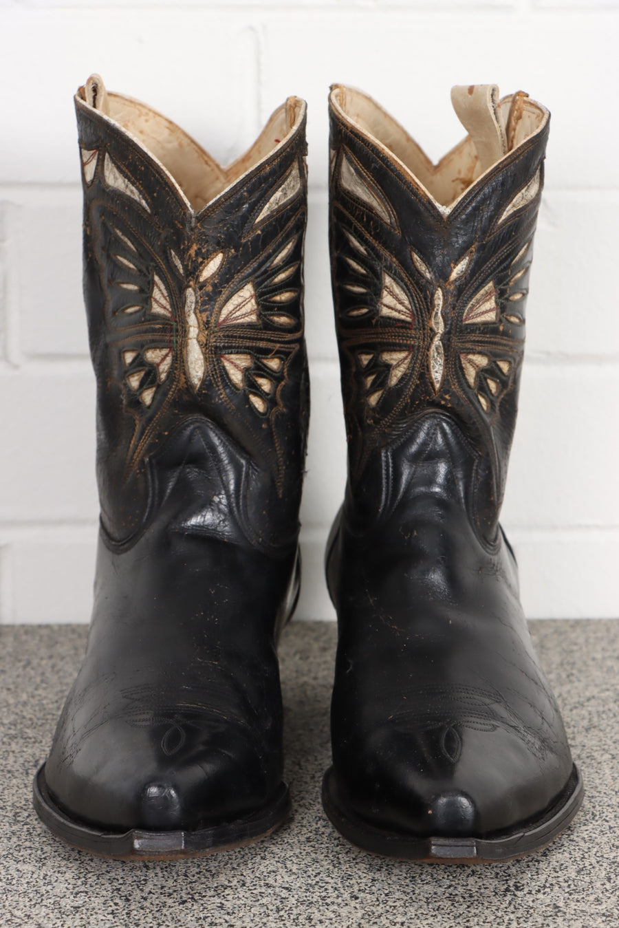 Antique 1920/30s Butterfly Inlay Leather Cowboy Boots (10)