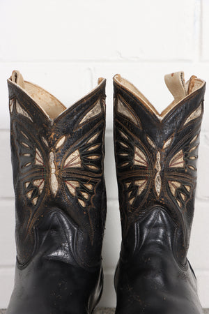 Antique 1920/30s Butterfly Inlay Leather Cowboy Boots (10)