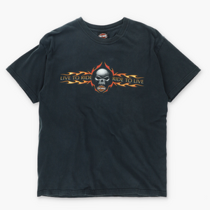 HARLEY 'Live to Ride Ride to Live' Skull and Flames T-Shirt (L)