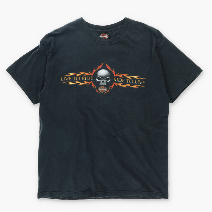 HARLEY 'Live to Ride Ride to Live' Skull and Flames T-Shirt (L)