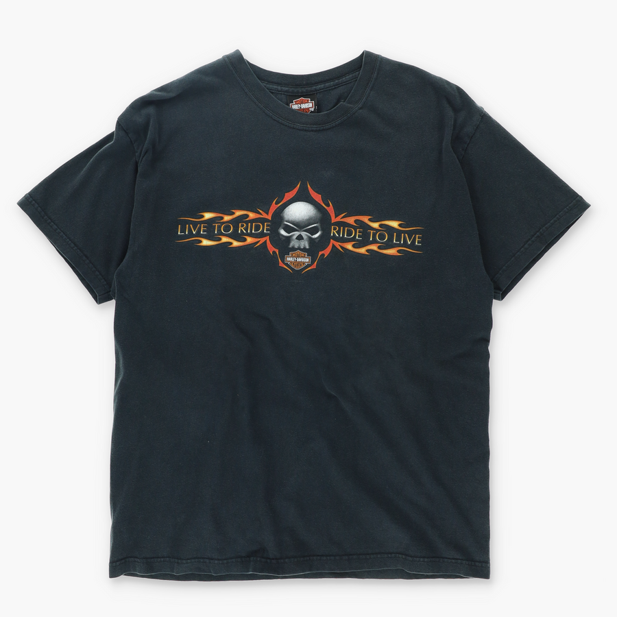 HARLEY 'Live to Ride Ride to Live' Skull and Flames T-Shirt (L)