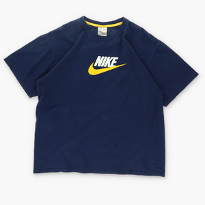 NIKE Spell Out Yellow Large Centre Swoosh Logo Navy T-Shirt (L)