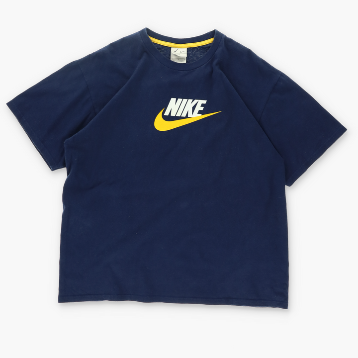 NIKE Spell Out Yellow Large Centre Swoosh Logo Navy T-Shirt (L)