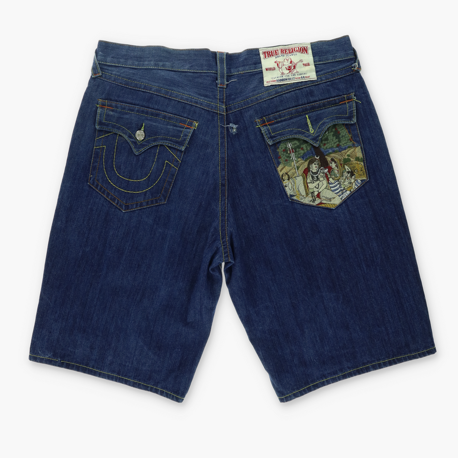 TRUE RELIGION Embroidered Pocket Detail Baggy Denim Shorts (W44xL14 1/2)
