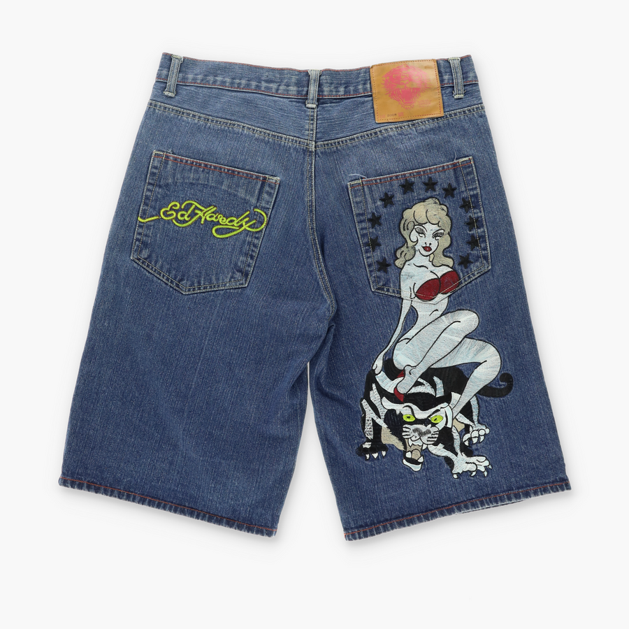 ED HARDY Embroidered Pin Up Girl Baggy Denim Shorts (38)
