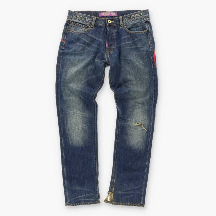 CHRISTIAN AUDIGIER Skull and Roses Embroidered Denim Jeans (34x34)