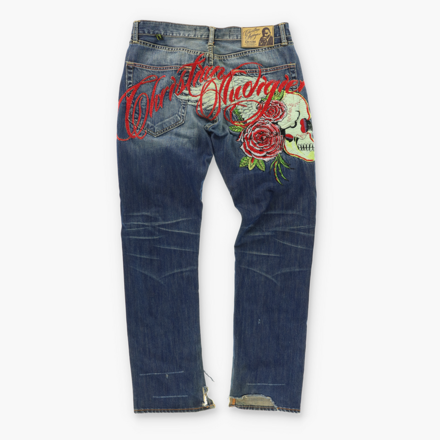 CHRISTIAN AUDIGIER Skull and Roses Embroidered Denim Jeans (34x34)