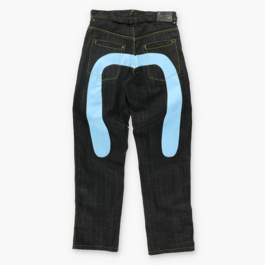 MONEY TALKS Blue Leather Look Wings Baggy Jeans (32)