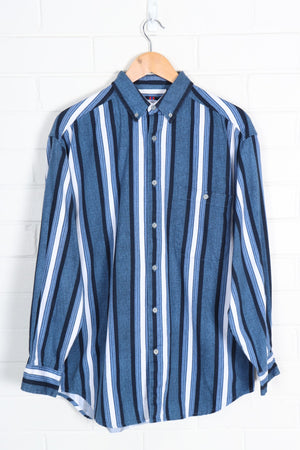 Blue Black & White Stripe Pattern Long Sleeve Button Up Shirt (XL)