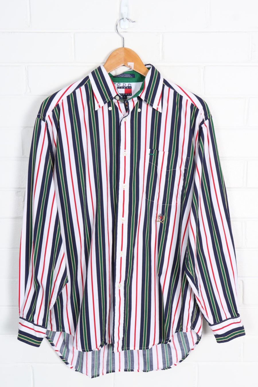 TOMMY HILFIGER Embroidered Crest Striped Long Sleeve Shirt (L-XL)