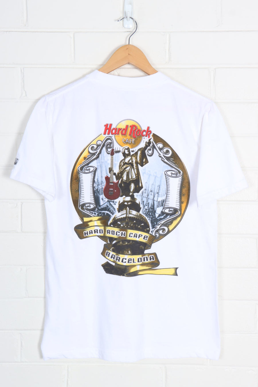 HARD ROCK CAFE Barcelona Statue Guitar Graphic Front Back Tee (S-M)