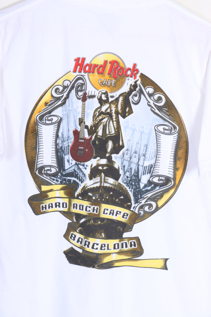 HARD ROCK CAFE Barcelona Statue Guitar Graphic Front Back Tee (S-M)