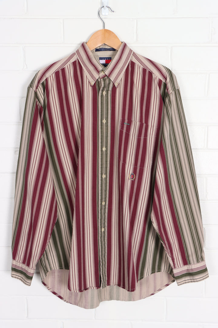 TOMMY HILFIGER 90s Maroon & Green Stripe Crest Logo Shirt (XL)