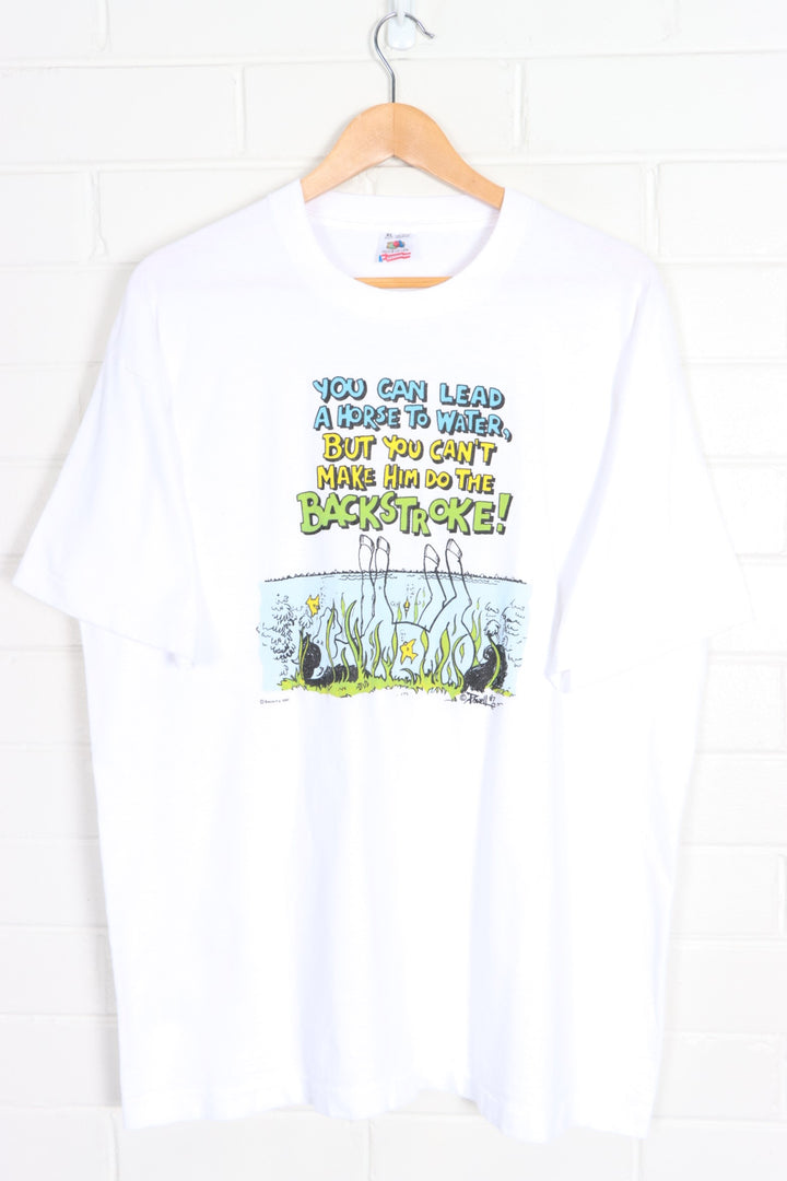 Vintage 1987 "Lead a Horse To Water" Joke Single Stitch Gag Tee USA Made (L) - Vintage Sole Melbourne