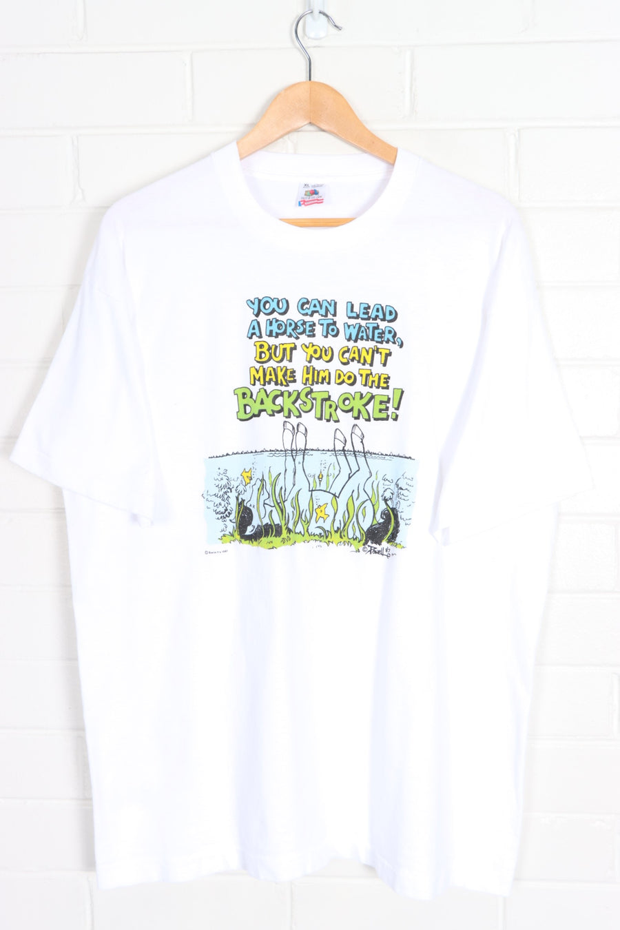 Vintage 1987 "Lead a Horse To Water" Joke Single Stitch Gag Tee USA Made (L)