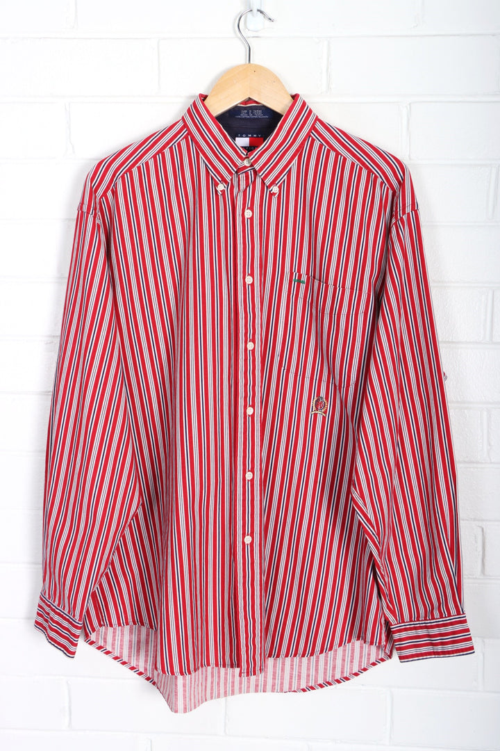 TOMMY HILFIGER Crest Logo Red & Navy Stiped Shirt (XL)